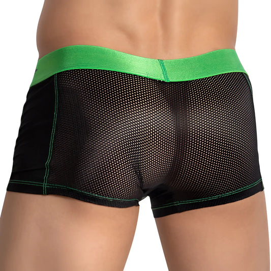 Black mesh boxer briefs with vibrant green elastic waistband and stitching fishnet sides agacio agg077 trunk