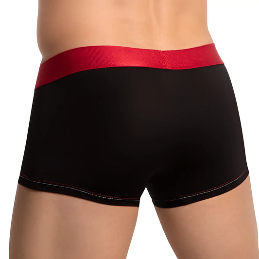 Black agacio agg081 piping design boxer trunk with bold red elastic waistband and white stitching along leg openings