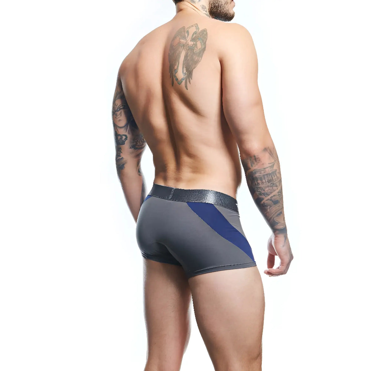 Gray and blue Agacio AGG087 boxer trunk athletic briefs with a shiny black elastic waistband designed for active wear