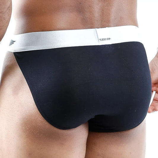 Black briefs with white elastic waistband featuring agacio logo in agacio agi003 slip bikini style