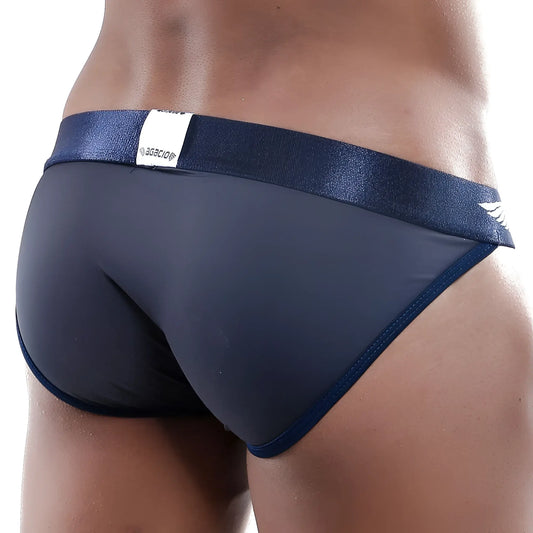 Navy blue agacio agi004 bikini briefs with shiny elastic waistband and white logo tag in front view