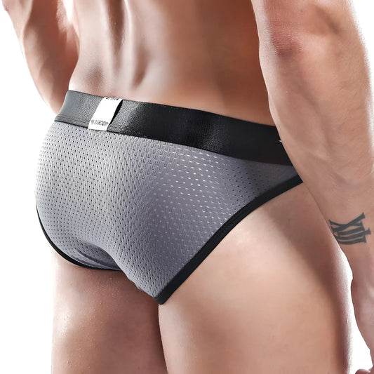 Agacio AGI006 bikini gray mesh briefs with black elastic waistband and trim front view