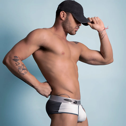 Black and white agacio agi011 athletic briefs with gray waistband and ag logo for comfortable active wear