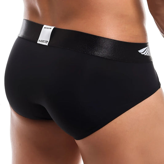 Black men’s briefs agacio agj015 pop brief with shiny elastic waistband white logo and brand tag visible