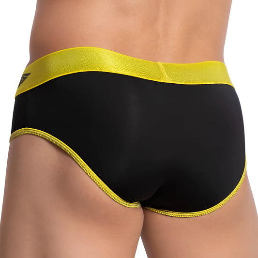 Black briefs with bright yellow elastic waistband and trim sporty design by agacio agj025 for activewear use