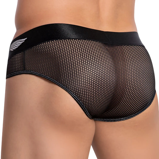 Black mesh briefs with satin waistband and white wing logo agacio agj026 mesh panel brief front view
