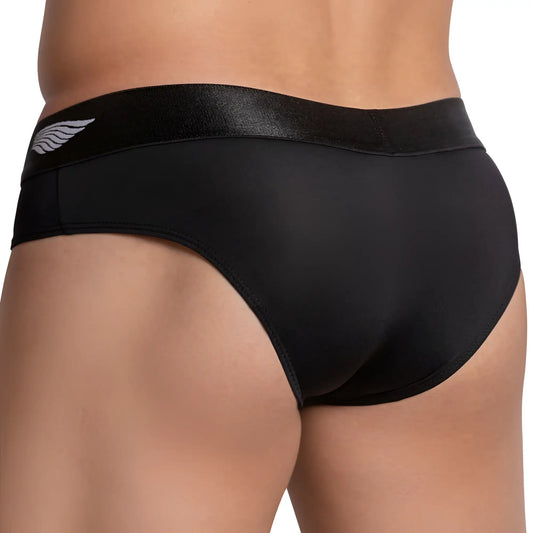 Black agacio agj028 supportive waist briefs with sleek shiny waistband and subtle silver wing logo