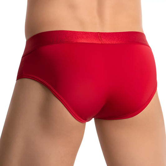 Red men’s briefs with a smooth satin-like waistband agacio agj038 wide elastic waistband brief