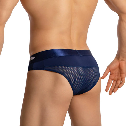 Navy blue Agacio AGJ042 brief with mesh fabric satin waistband and subtle white wing logo on the side