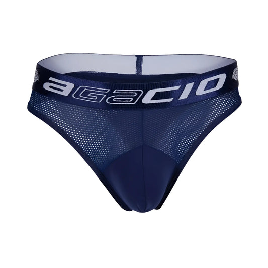 Navy blue mesh Agacio AGK040 thong briefs with white agacio logo on the waistband showing the front side