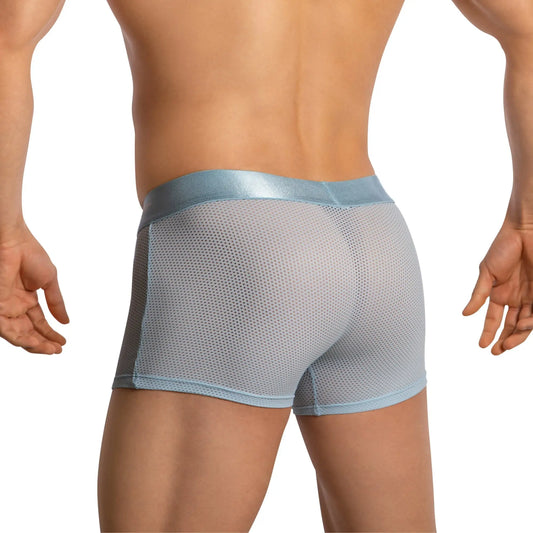 Light blue agacio boxer mesh trunks with satin waistband and pouch made from breathable mesh material