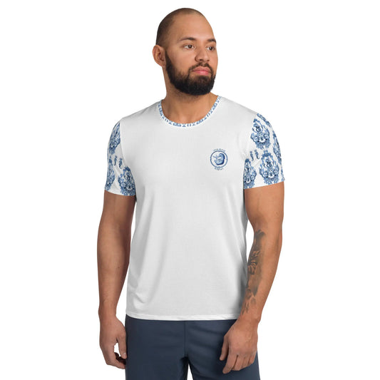Men's sport shirt by Maris Equi in white with blue baroque patterned sleeves and logo on chest made of soft fabric.