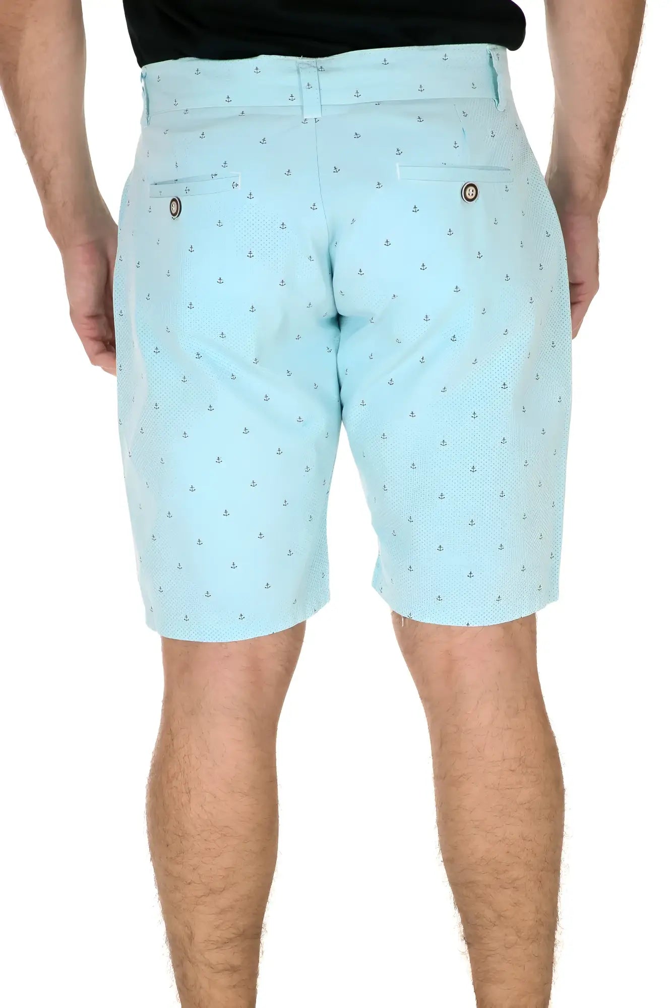 Light blue anchor micro print shorts with buttoned back pockets shown from the back side
