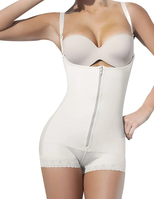 Ann chery 4010 beige latex body aide with cream color, lace trim hem, and central zipper for shaping support