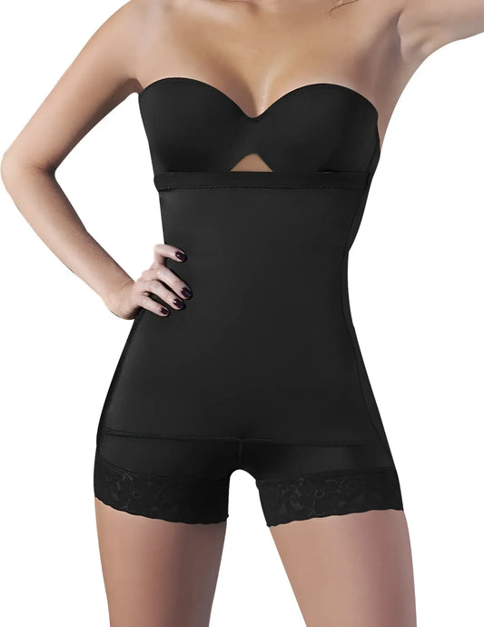 Ann Chery 4013 latex black strapless body shaper with lace trim at the hem for smoothing and shaping