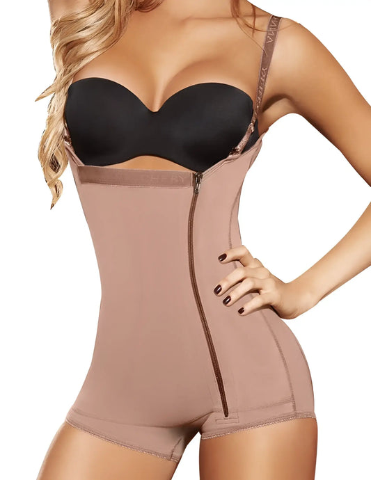 Beige Ann Chery 5146 powernet mara waist trainer with front zipper and adjustable straps in brown shapewear