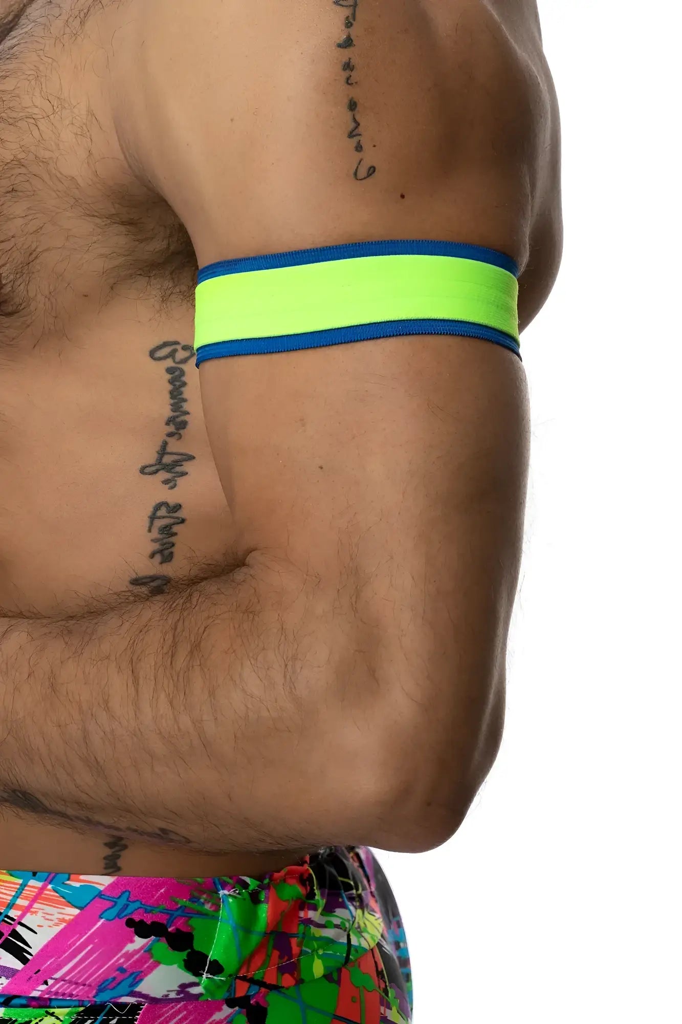 Armband set of 2 featuring neon green and blue reflective fabric for high visibility and safety during activities