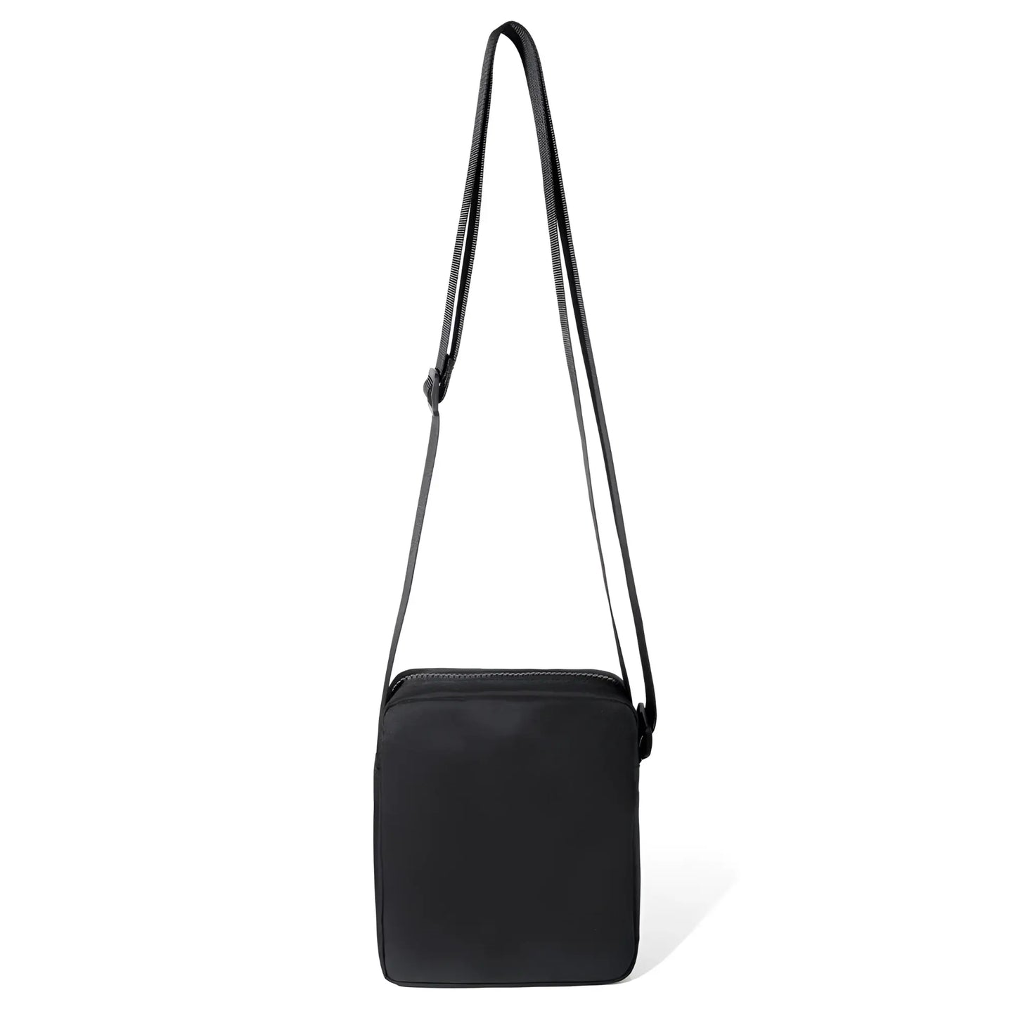 Black athletic crossbody bag with rectangular shape and adjustable matching strap for hands-free use