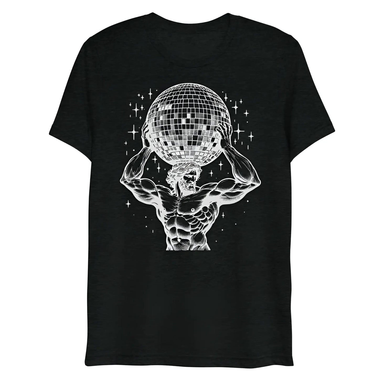 Black heathered t-shirt with white line art of a muscular figure holding a disco ball surrounded by starbursts atlas boogie