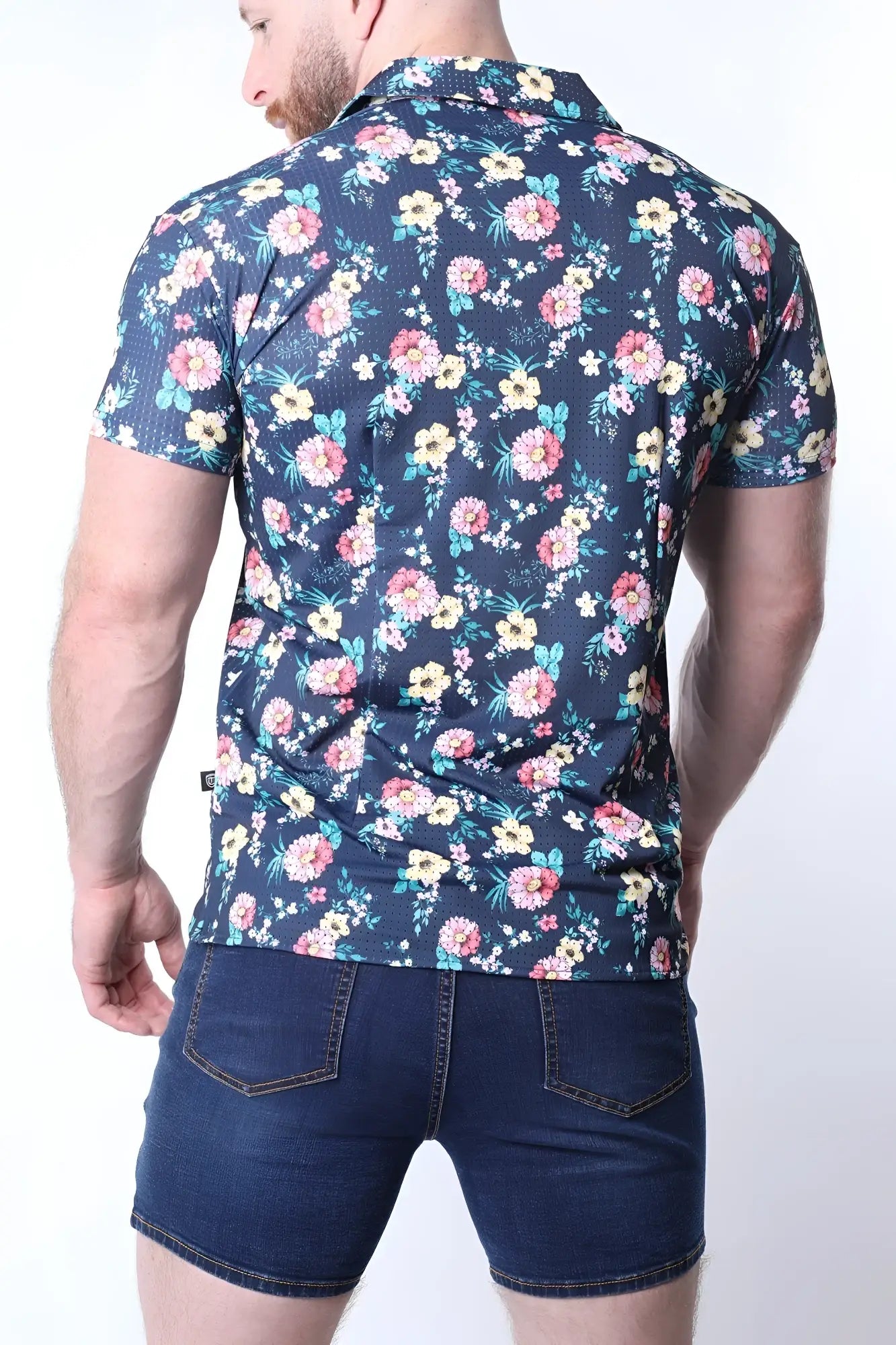 Balboa button down shirt navy blue short sleeved button up with vibrant pink yellow and light green floral pattern