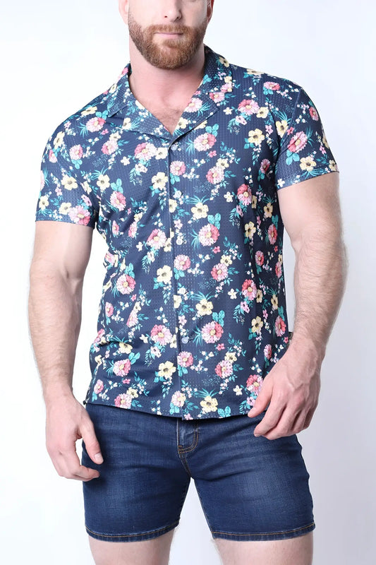Balboa button down shirt navy blue short sleeve with vibrant pink white and light green floral pattern