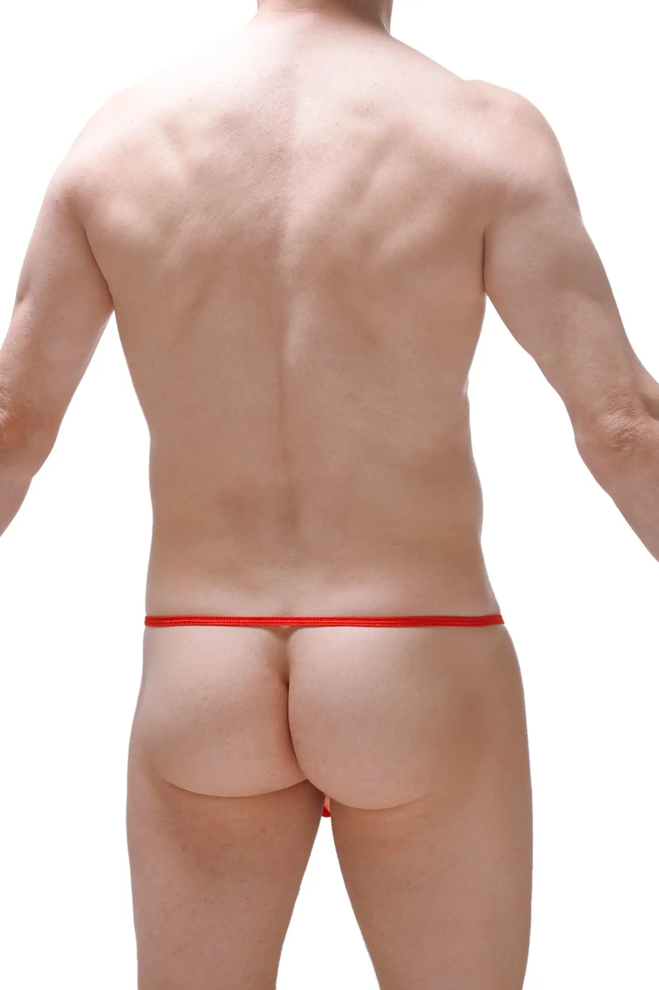 Red thong ball-lifter pagne red with thin smooth elastic band shown from the back side