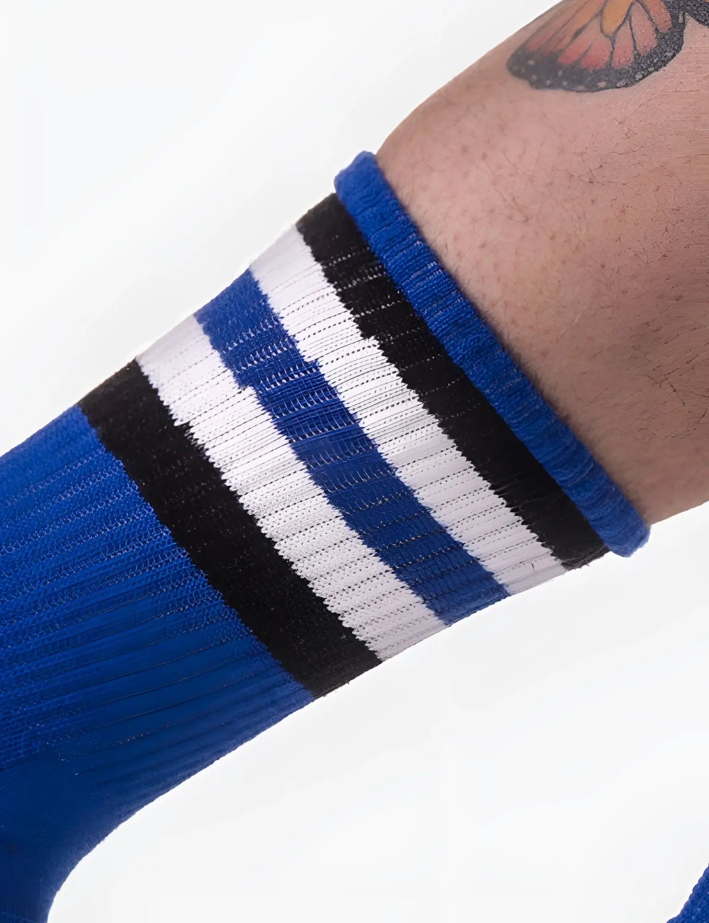 Blue athletic barcode berlin fetish stripes half socks with bold black and white stripes near the cuff size l/xl