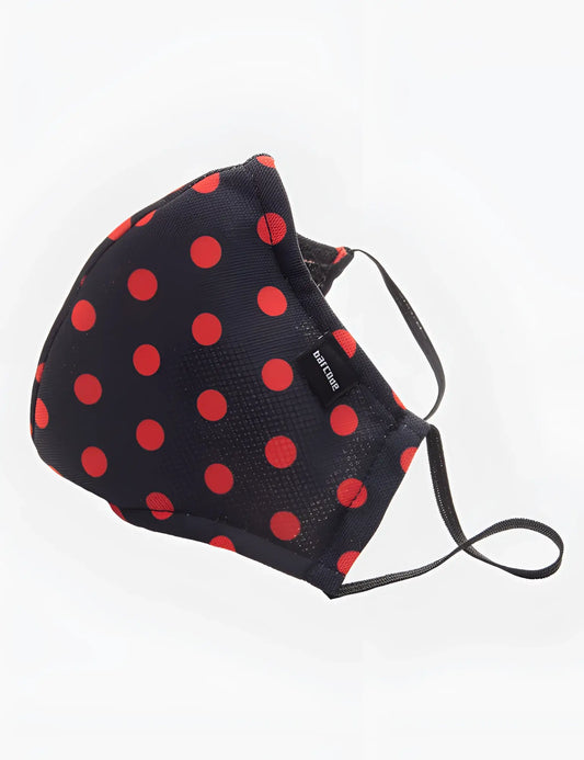 Barcode berlin major general michelinho unisex mask black fabric with bold red polka dots and black elastic ear loops