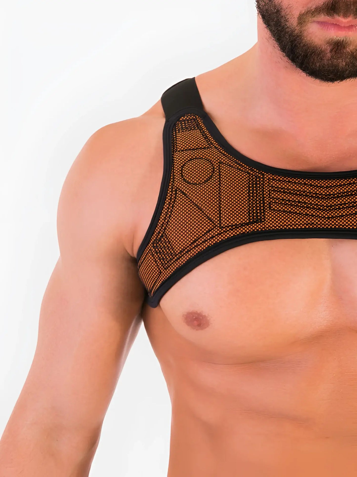 Black and orange mesh sports bra with geometric pattern barcode berlin mario harness size l