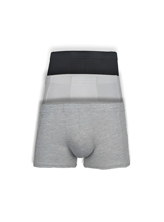 Three-pack of men’s boxer briefs in heather gray light gray and black with soft cotton blend fabric basics trunk 3-pack
