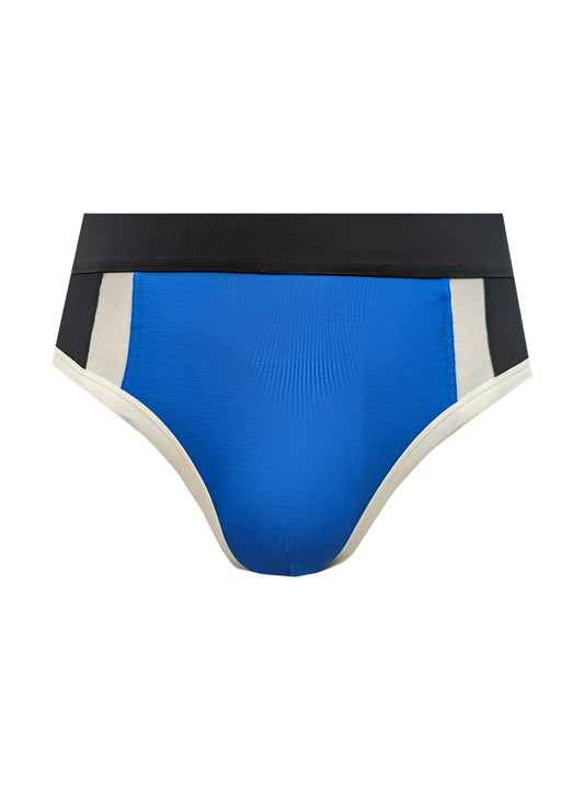 Blue Basix Comfort Jock athletic briefs with black waistband and white side stripes designed for active support