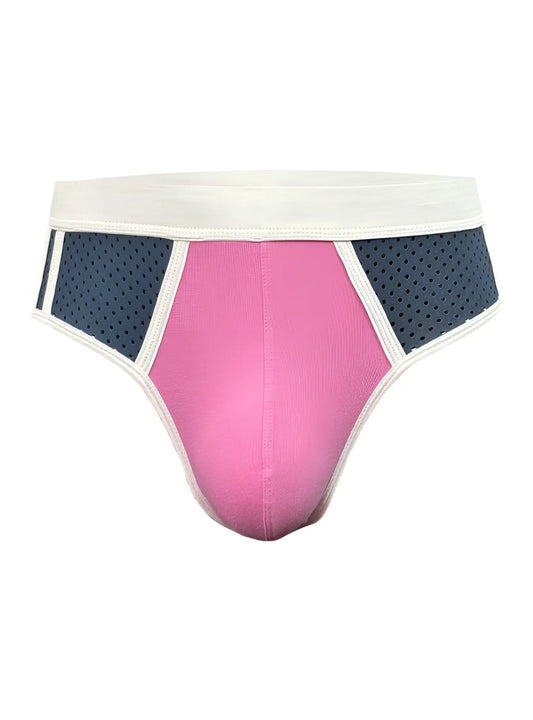 Basix Sport’s brief in pink and navy blue athletic fabric with a white elastic waistband for active wear