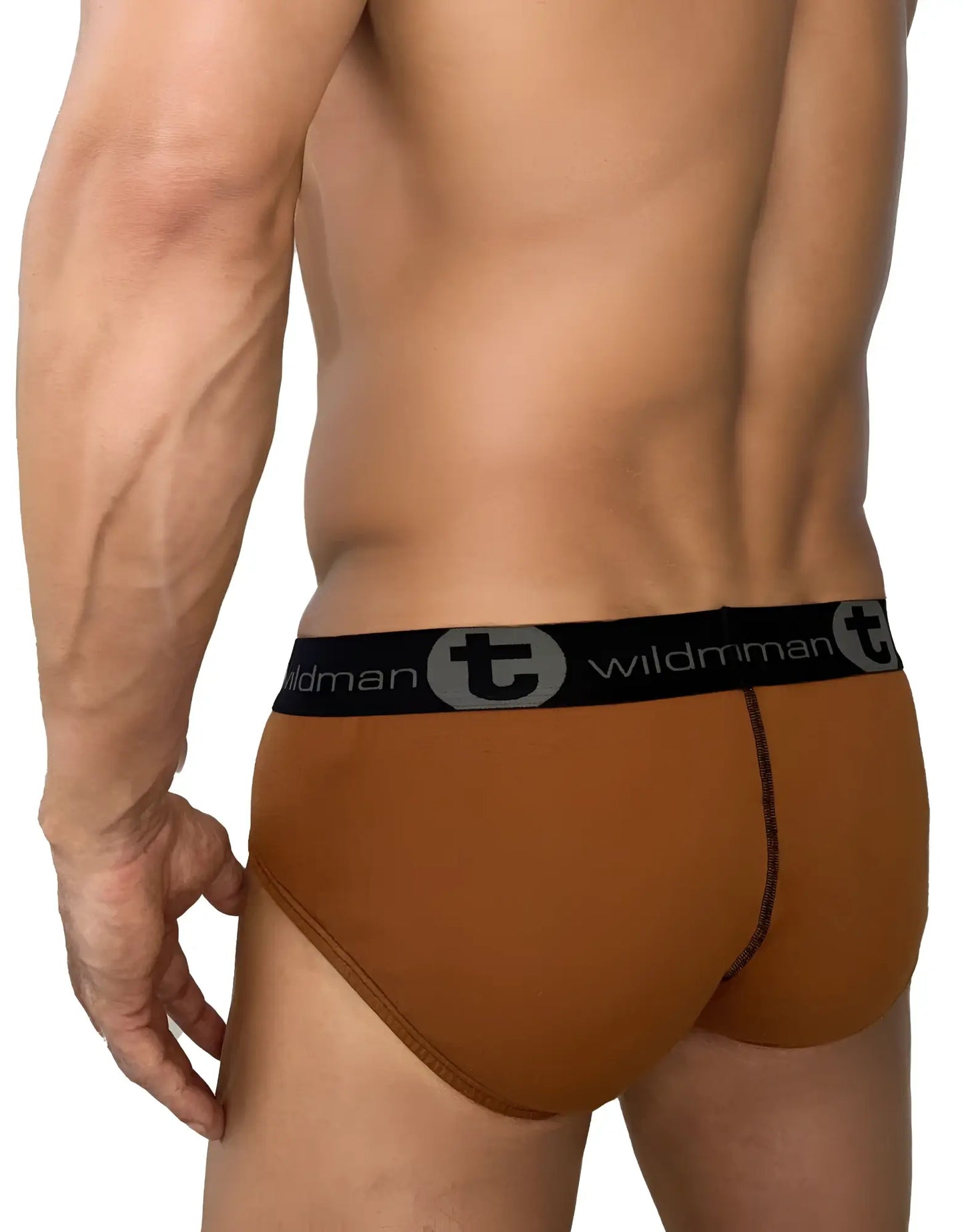Brown wildman big boy pouch cotton briefs with stripe brown and tan and black elastic waistband with logo