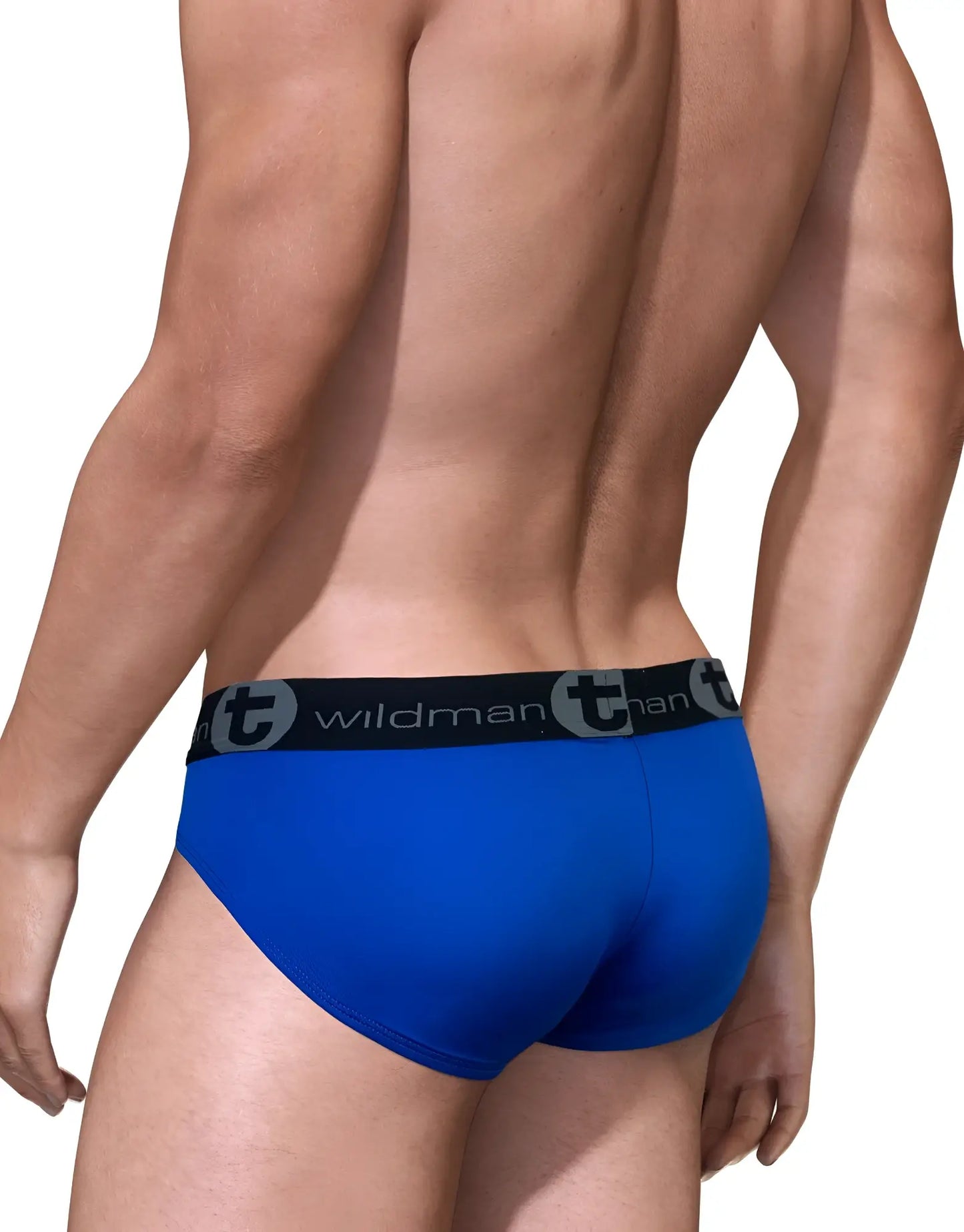 Blue wildman big boy pouch mesh brief royal blue with white mesh and black elastic waistband featuring logo