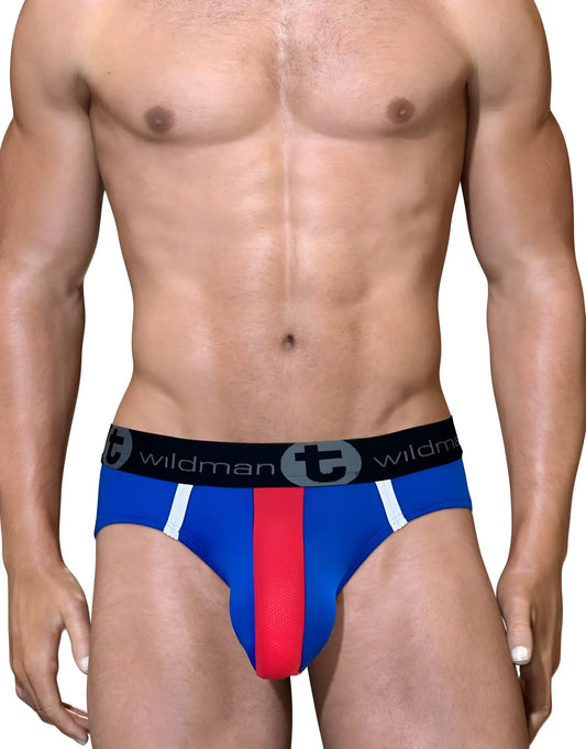 Blue and red big boy pouch mesh brief with white stripes and black wildman waistband in royal red white and blue