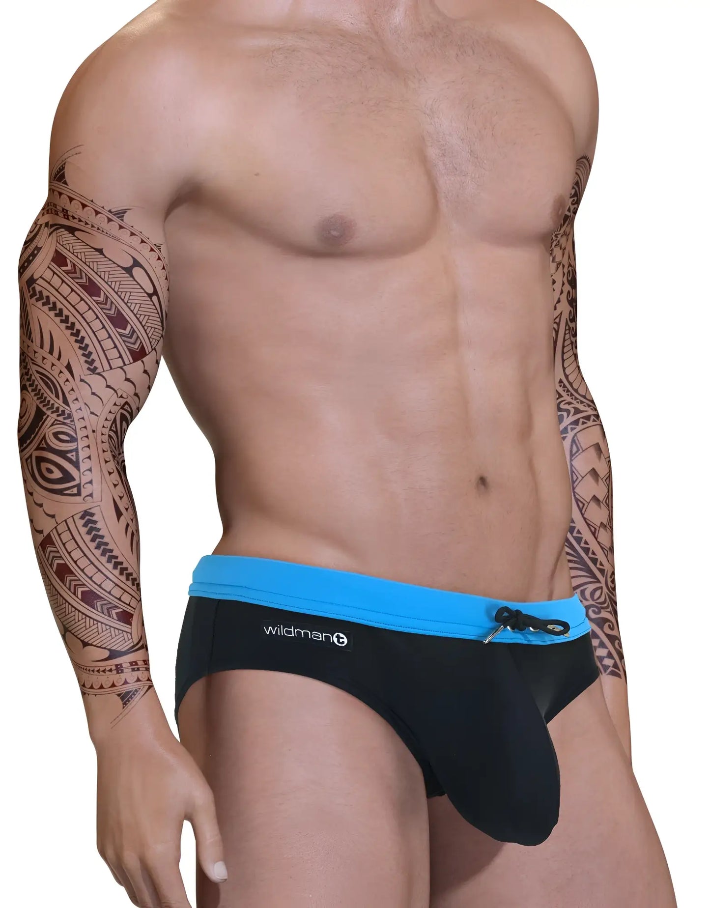 Big boy pouch swim bikini blue in black and bright blue with drawstring waistband and wildman logo on the side