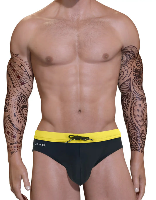 Big boy pouch swim bikini yellow featuring black swim trunks with bright yellow waistband and black drawstring