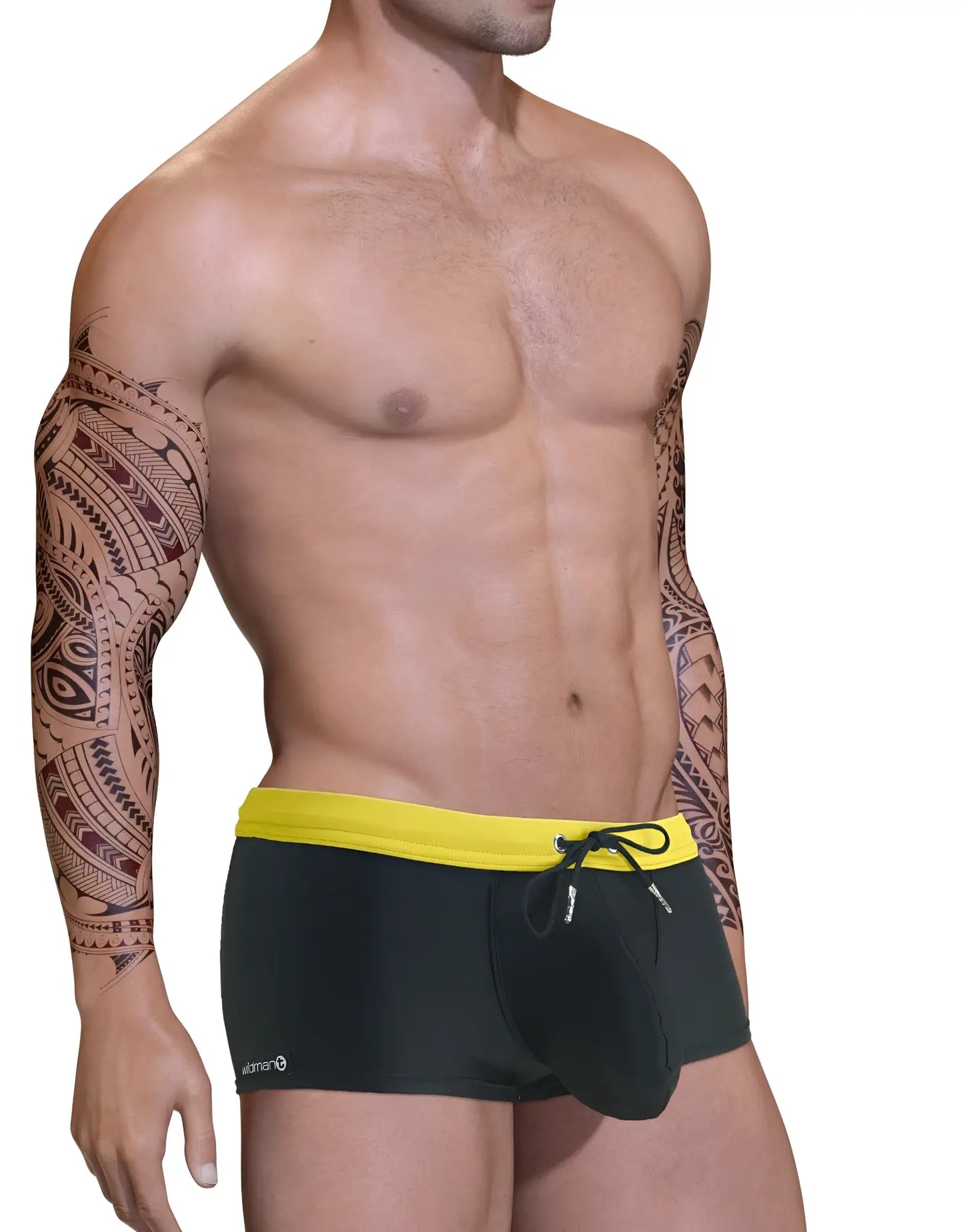 Black big boy pouch swim square cut trunks with bright yellow waistband and black drawstring for swimming