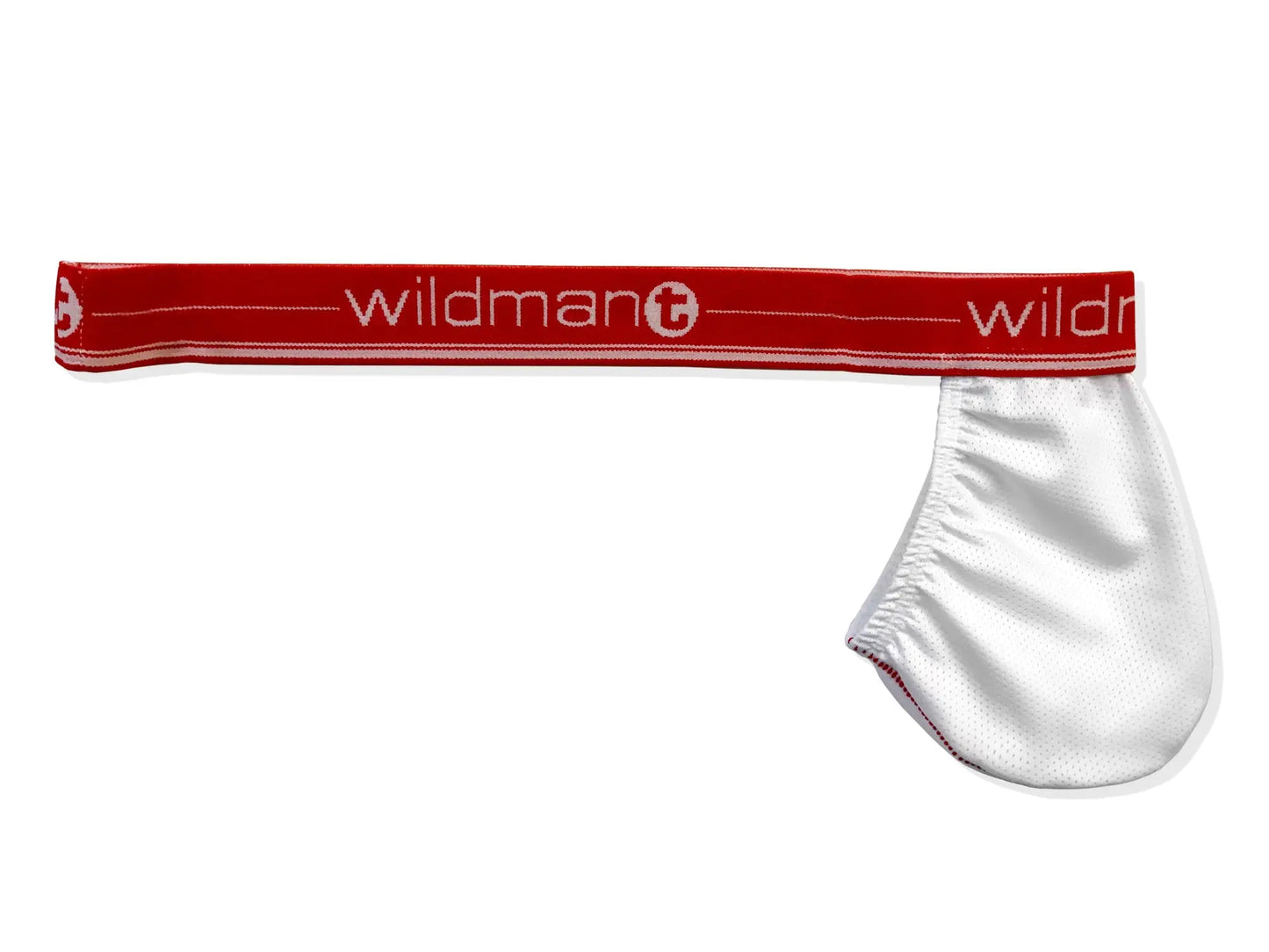 White satin brief with red elastic waistband branded wildman from big boy strapless pouch white mesh with red band product