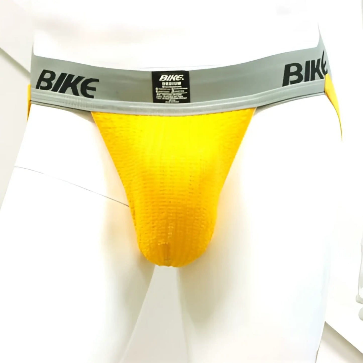 Bright yellow bike 2 inch performance cotton supporter jock strap underwear with gray waistband and black logo size xl