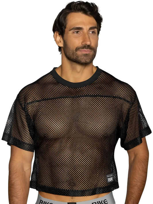Bike athletic bam134 short sleeve practice jersey in bold black with black mesh crop top and ribbed neckline