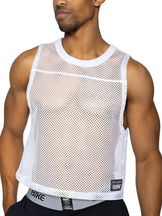 White mesh sleeveless practice jersey with round neckline and reinforced trim for athletic performance use