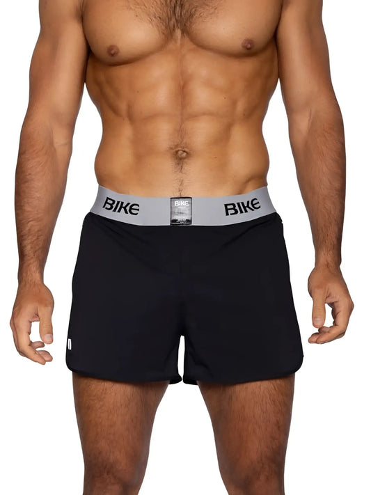 Black bike athletic bam225 peek-a-boo jock shorts with gray waistband and bold black bike lettering front view