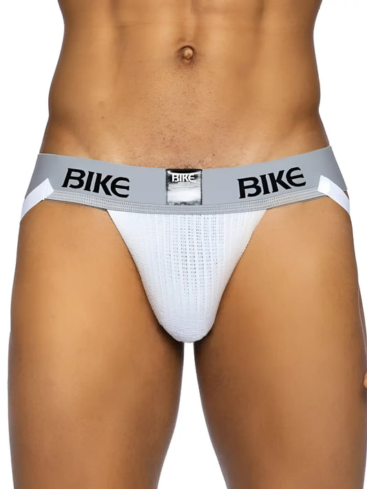 White mesh bike brief with gray waistband and black bike lettering from BIKE Athletic BAS304 classic jockstrap collection