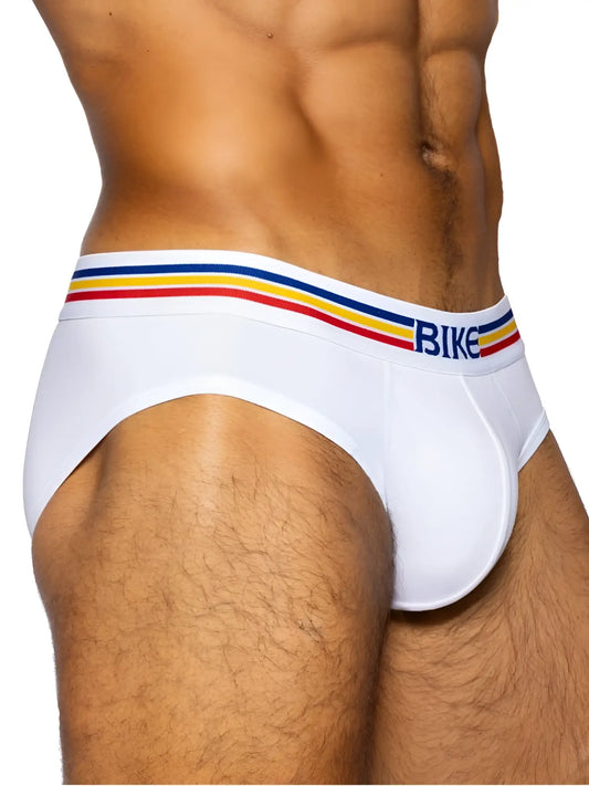 White bike athletic bas327 stretch cotton men’s briefs with colorful striped waistband in red yellow and blue