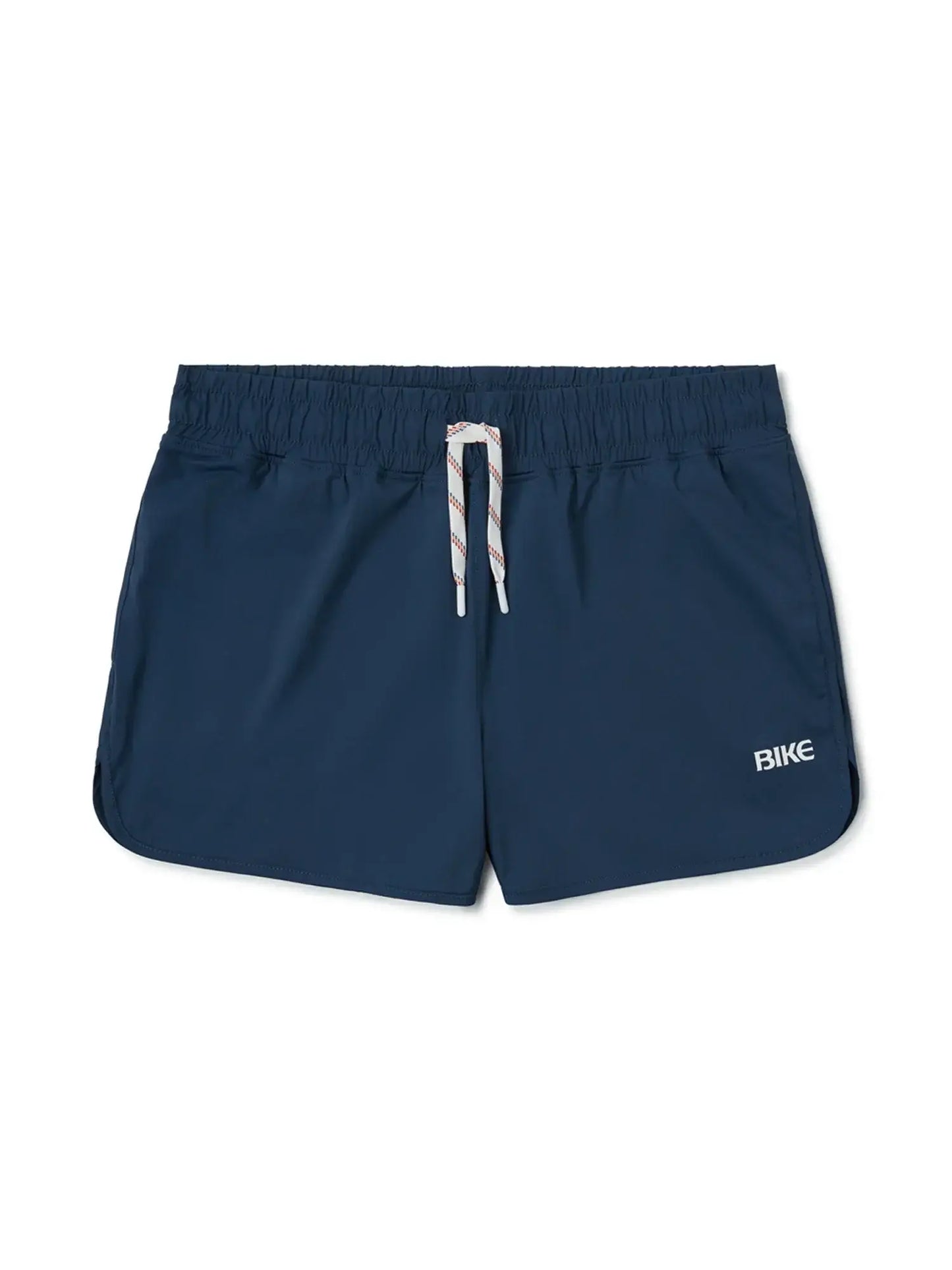 Navy blue BIKE track short with white drawstring and bike logo on side designed for athletic use