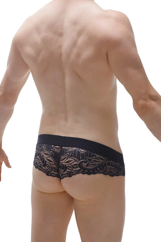 Black lace bikini Blécourt underwear with floral pattern and elastic waistband from PetitQ shown from the back side