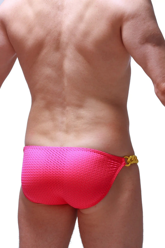 Bright pink mesh swim trunks bikini chains bee pink with gold chain accent at the waistband