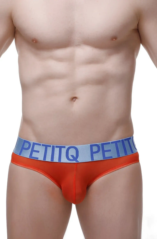 Bright orange petitq men’s briefs bikini chisa net red with blue waistband and bold white brand name