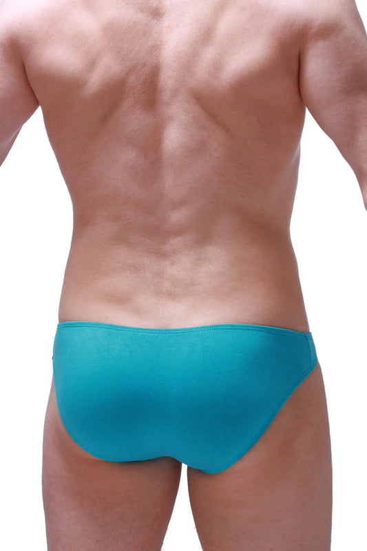 Teal bikini colline bamboo briefs with smooth form-fitting fabric in tropical green shown from the back